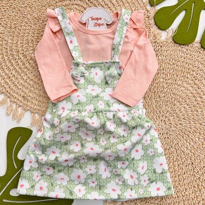  Inverno 2025 - Conjunto Body com Babadinhos e Salopete Estampada - Verde e Salmão 